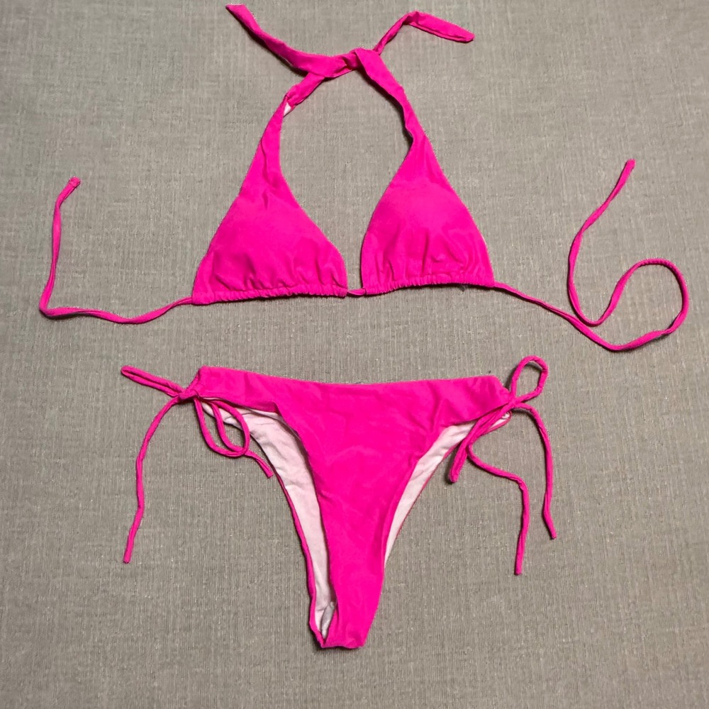 Hot Pink Triangle Bikini Set Size‎ S Neon Fuchsia Two Piece Swimsuit Side Tie